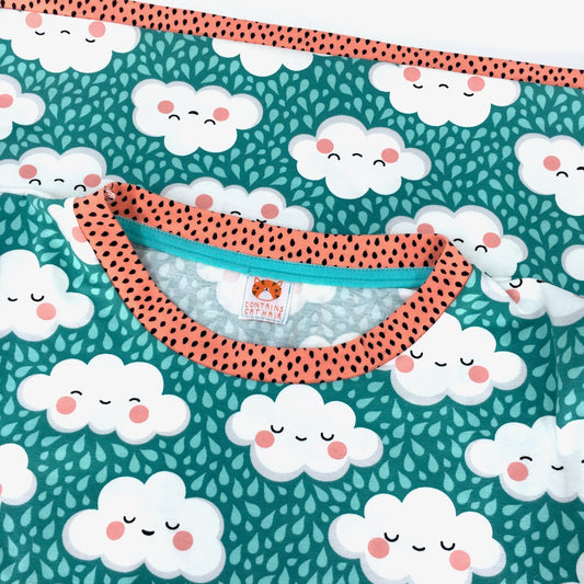 handmade t-shirt in a teal clouds design