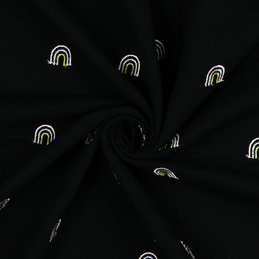 Double Gauze Fabric - Embroidered Rainbows - Black