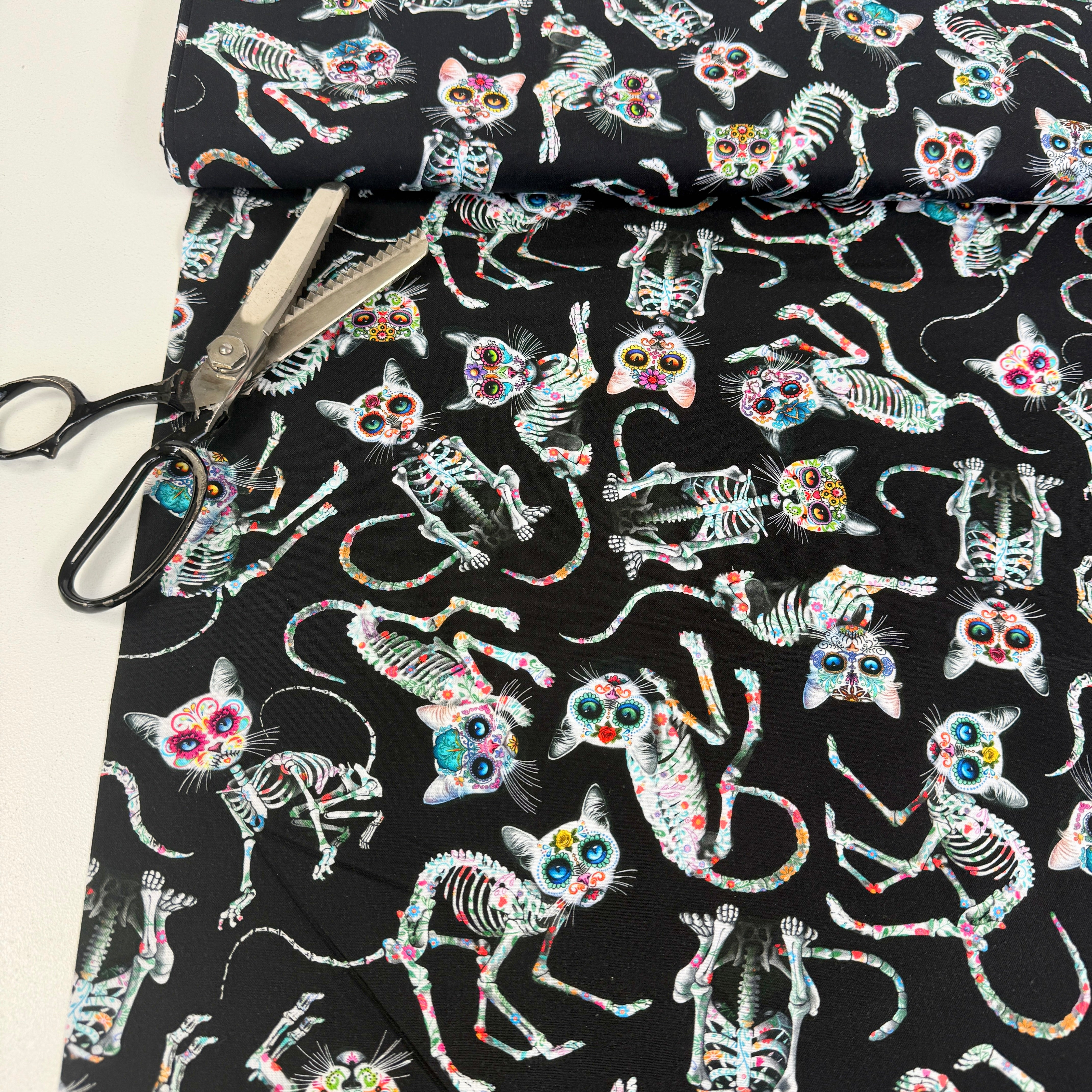 Timeless Treasures - Day Of The Dead - Tossed Skeleton Cats Black ...