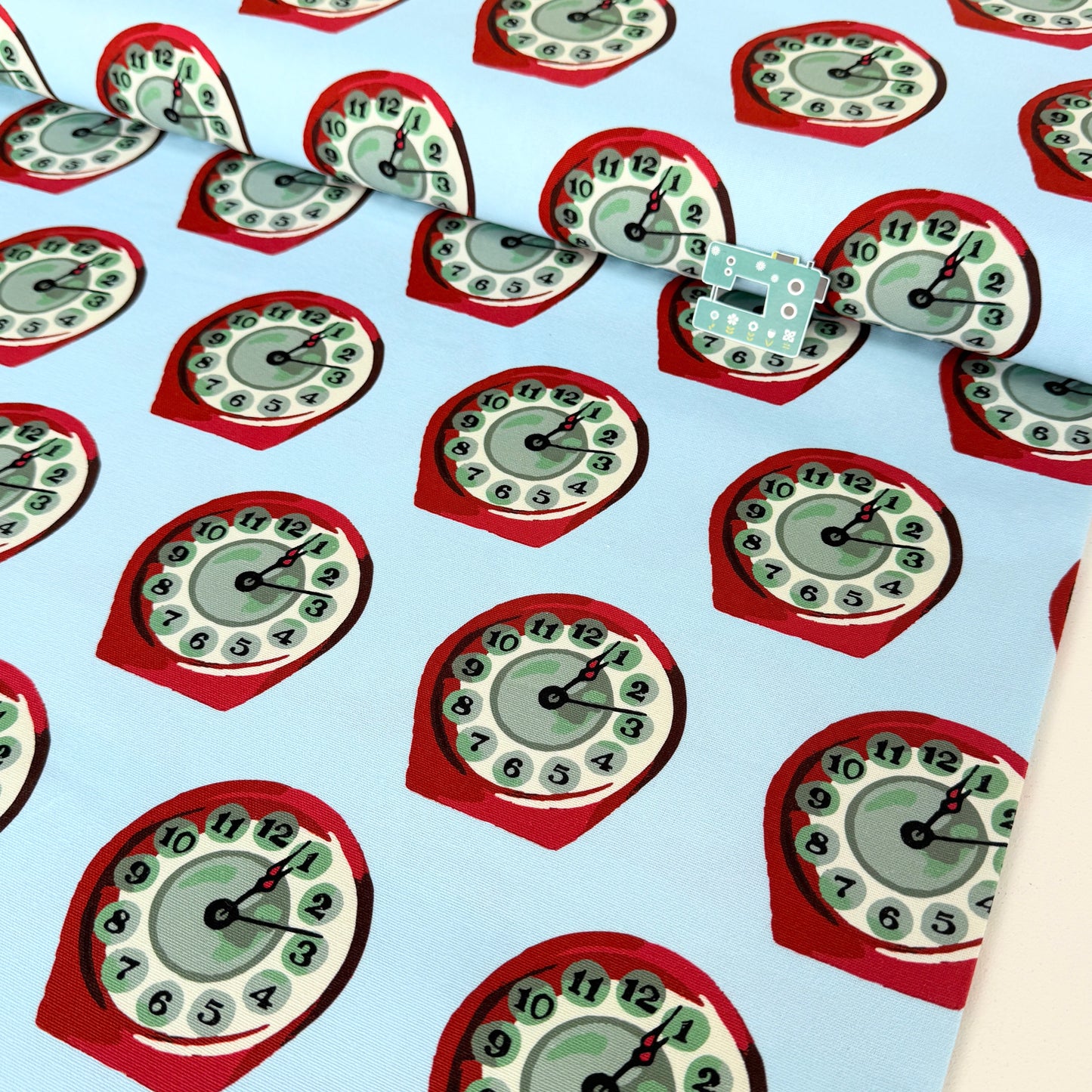 Recollect: Retro Clocks (Blue) GOTS Fabric by Cloud 9