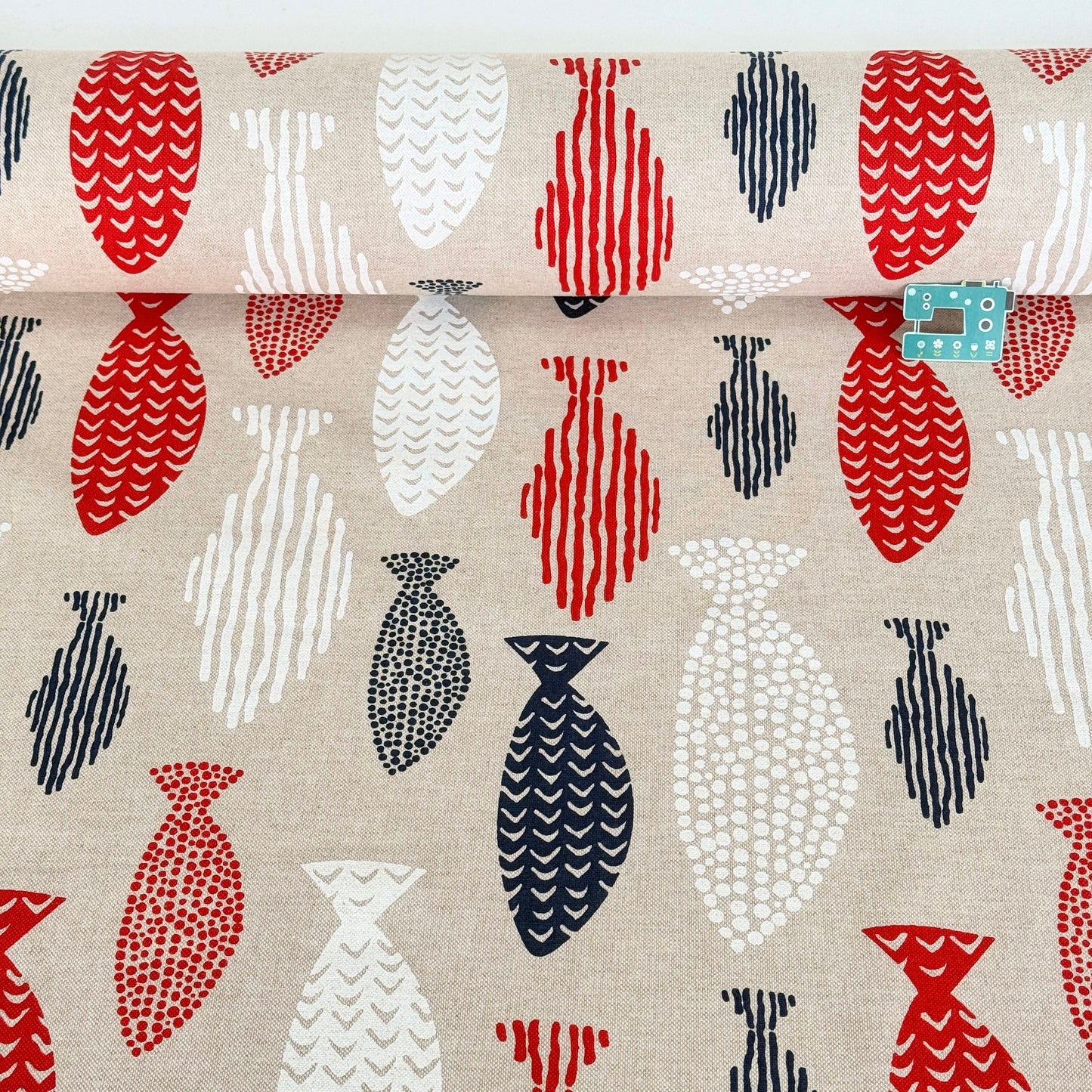 Red/Blue/White Fishes on Linen Look Canvas Fabric