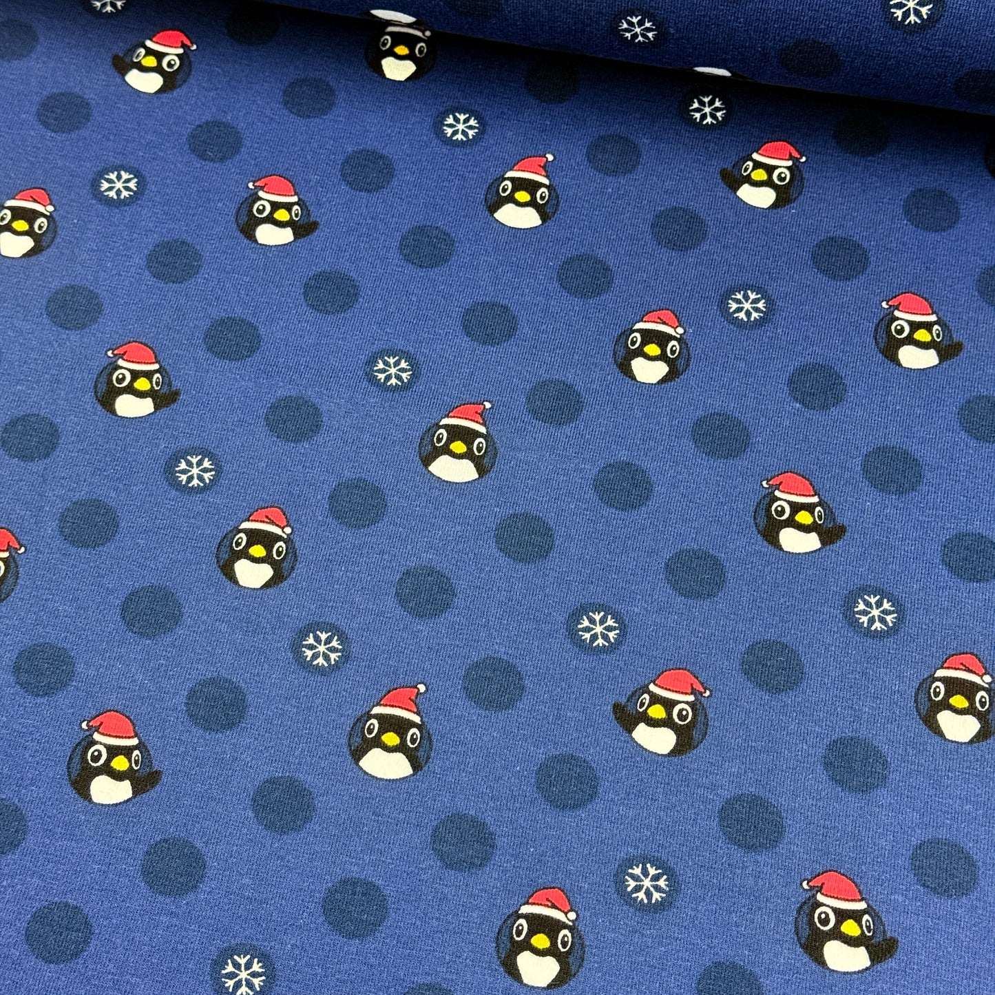 Christmas Penguin Polka Dot - Printed Cotton Jersey - Navy