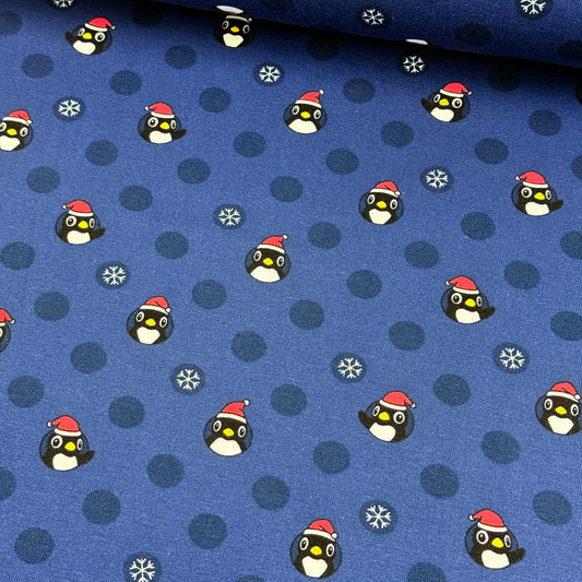Christmas Penguin Polka Dot - Printed Cotton Jersey - Navy