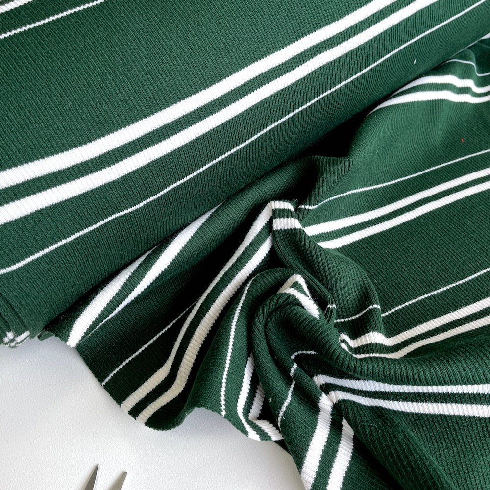 Chunky Cuff Cotton Ribbing Double Sided White Stripes Green