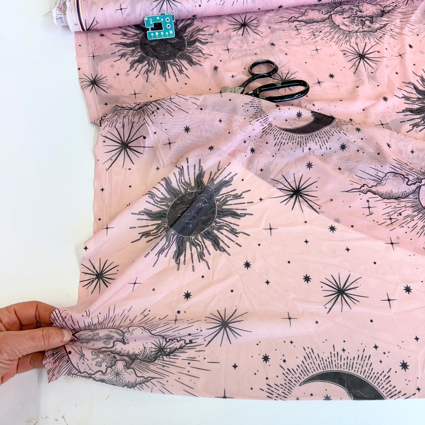Light Power Mesh Net Mystical Stars Print - Deadstock - Light Rose (Per Metre)