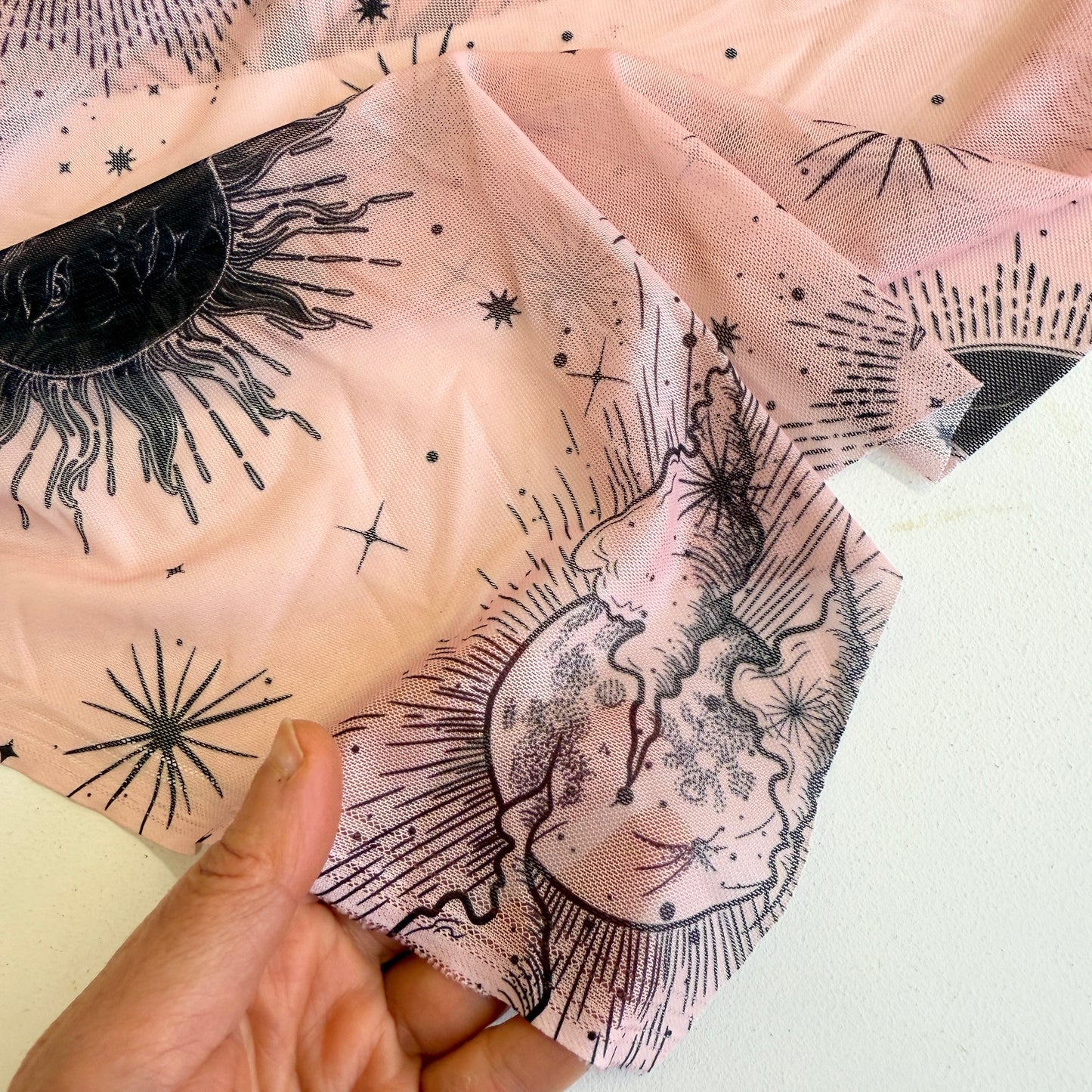 Light Power Mesh Net Mystical Stars Print - Deadstock - Light Rose (Per Metre)