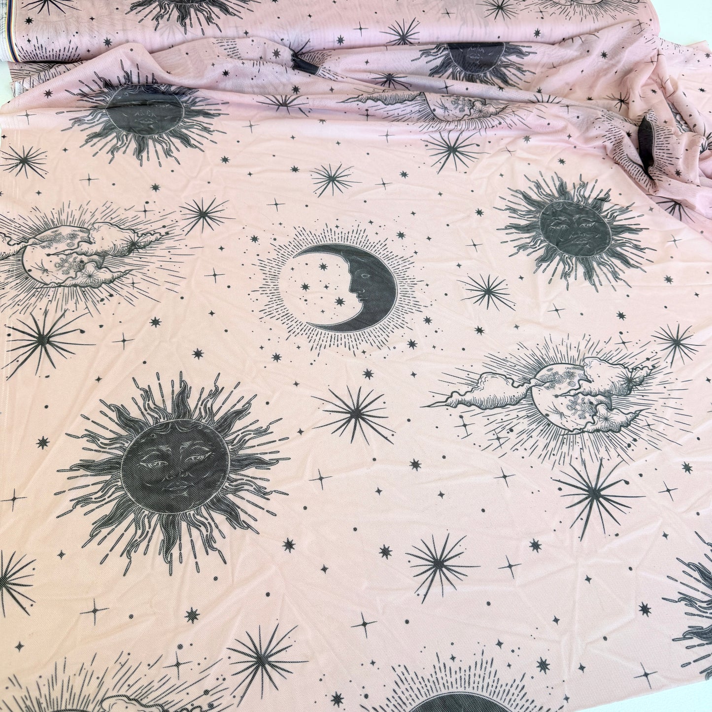Light Power Mesh Net Mystical Stars Print - Deadstock - Light Rose (Per Metre)