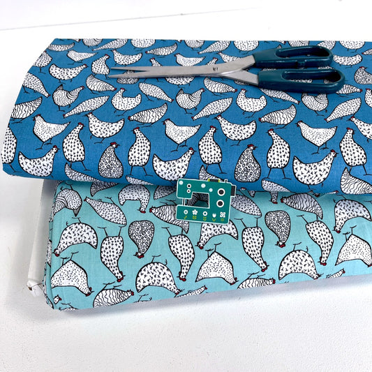 Cotton Poplin - Farmyard Chickens - Copen Blue