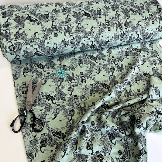 Soft Sweat Fabric - Tropical Feeling Toucan - Sage Green