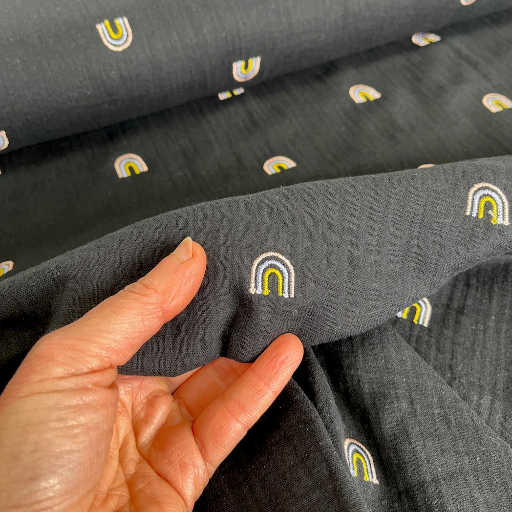 Double Gauze Fabric - Embroidered Rainbows - Black