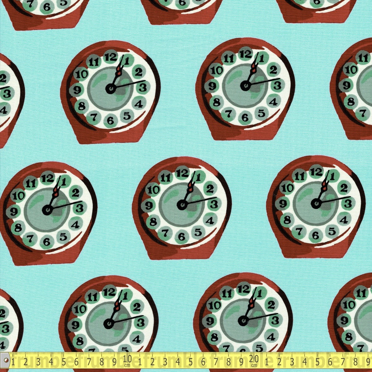 Recollect: Retro Clocks (Blue) GOTS Fabric by Cloud 9