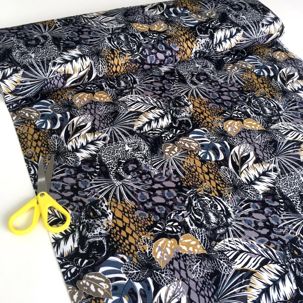 Digital Tigress Viscose Stretch Jersey in Blue Black - Frumble Fabrics