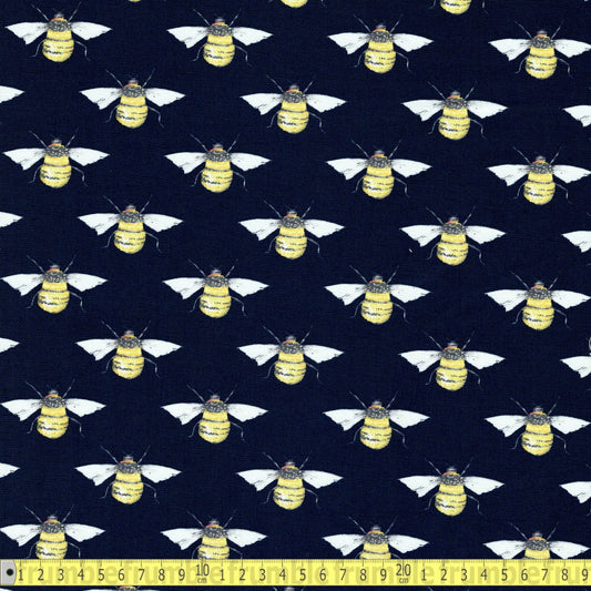 Cotton Poplin - Bumblebees - Navy Blue - Sewing and Dressmaking Fabric