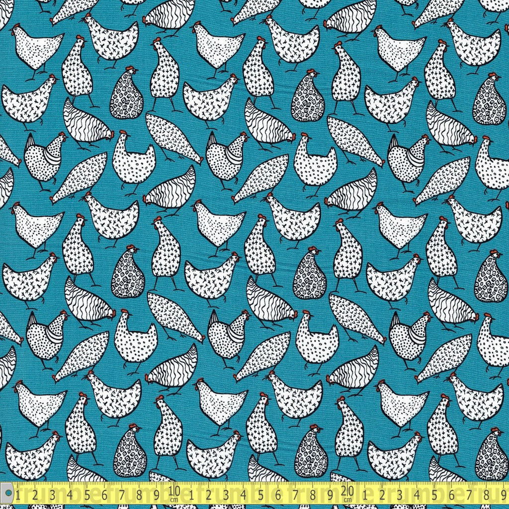 Cotton Poplin - Farmyard Chickens - Copen Blue - Sewing and Dressmaking Fabric