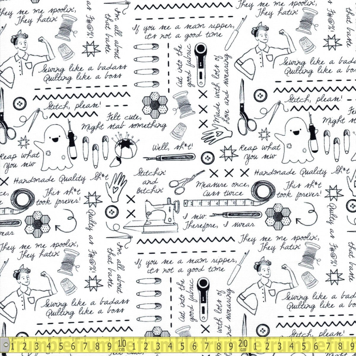 Dear Stella - Sweary Stitching - White - Sewing and Dressmaking Fabric