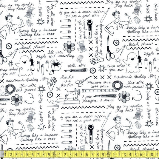 Dear Stella - Sweary Stitching - White - Sewing and Dressmaking Fabric