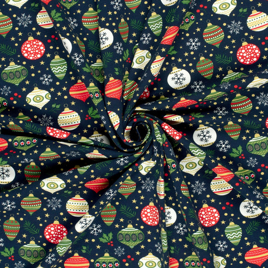 Christmas Baubles & Holly - French Terry Fabric - Navy