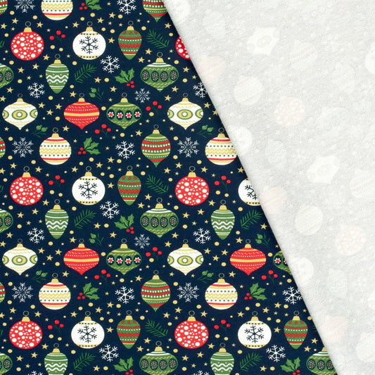 Christmas Baubles & Holly - French Terry Fabric - Navy