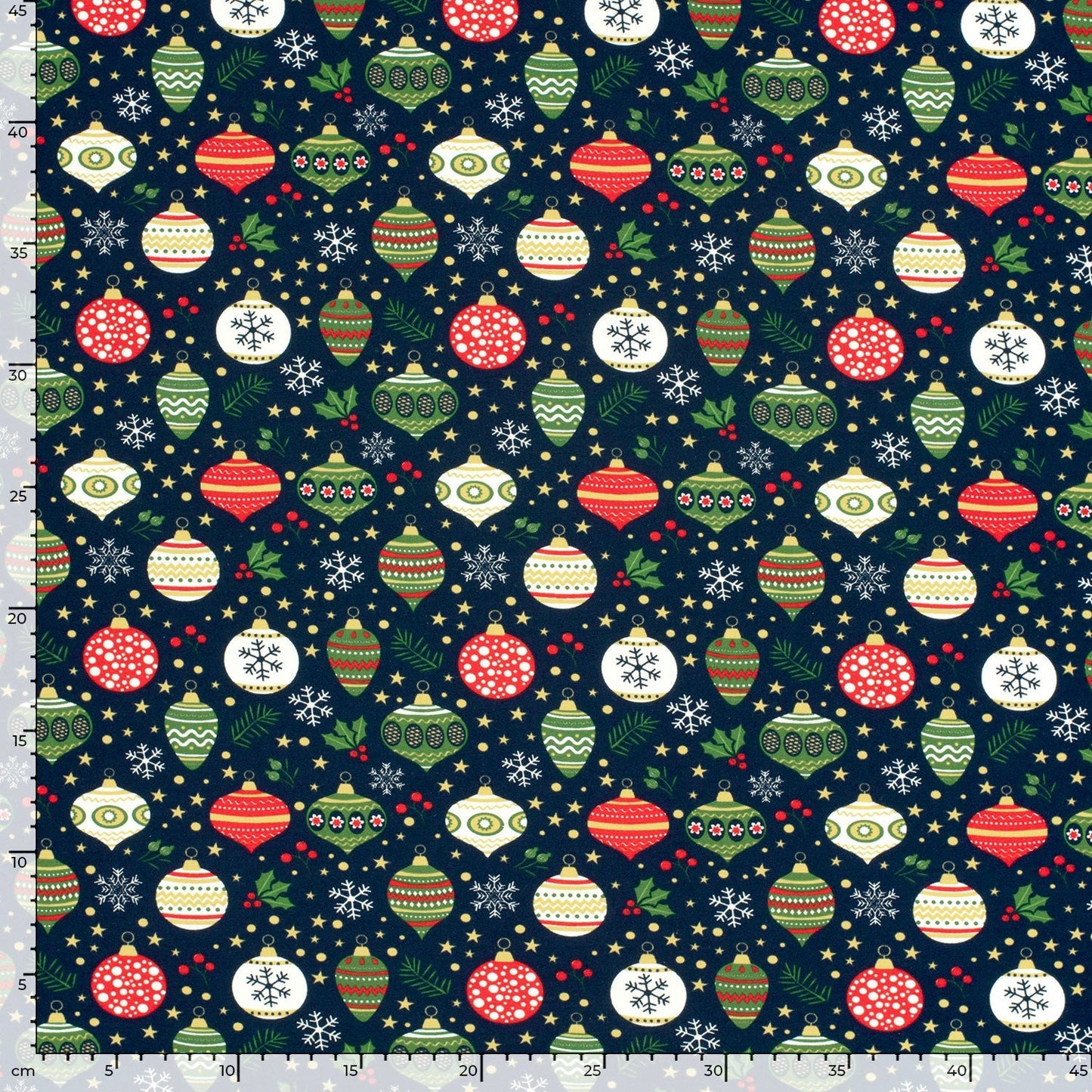 Christmas Baubles & Holly - French Terry Fabric - Navy