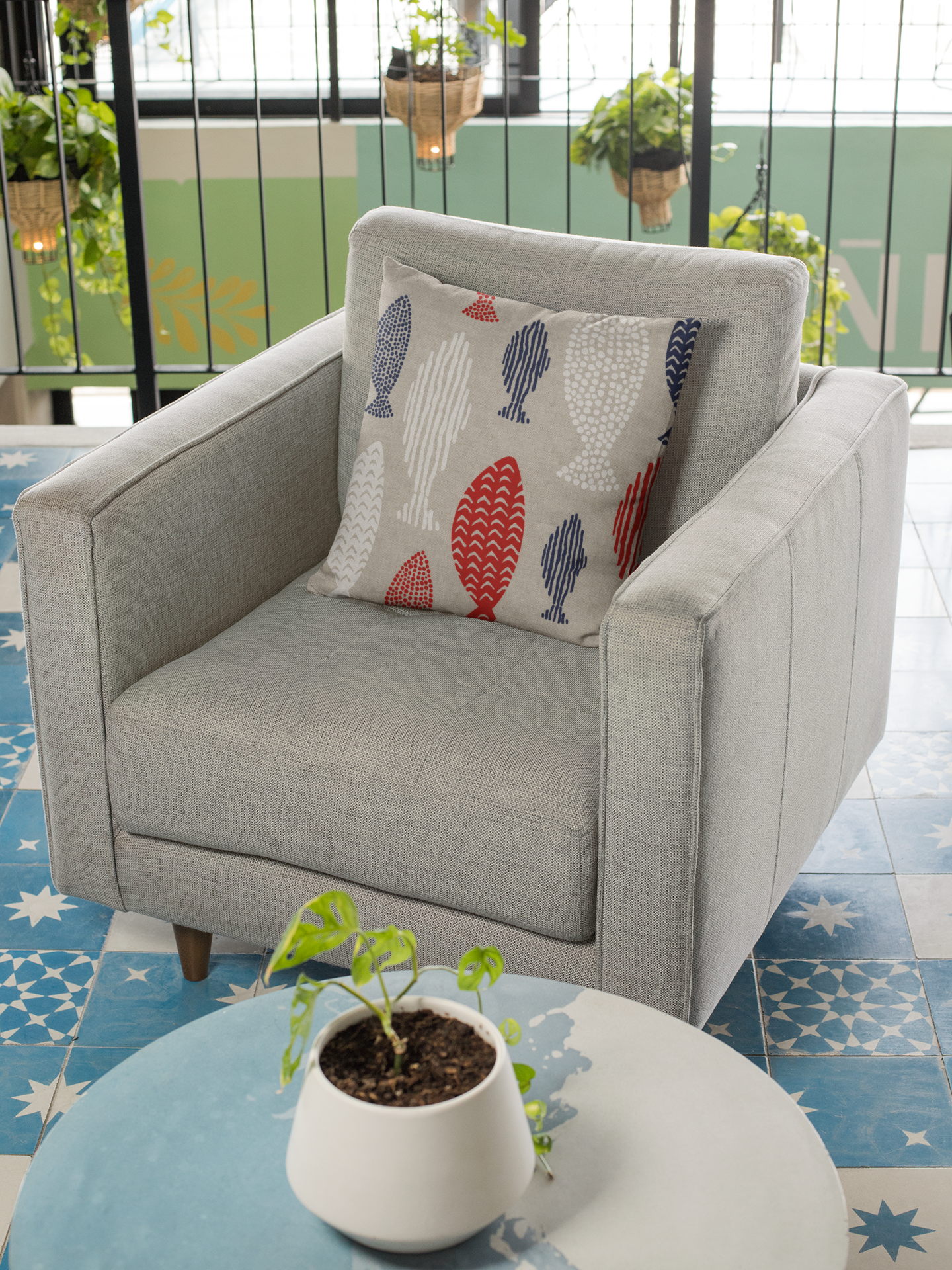 Red/Blue/White Fishes on Linen Look Canvas Fabric