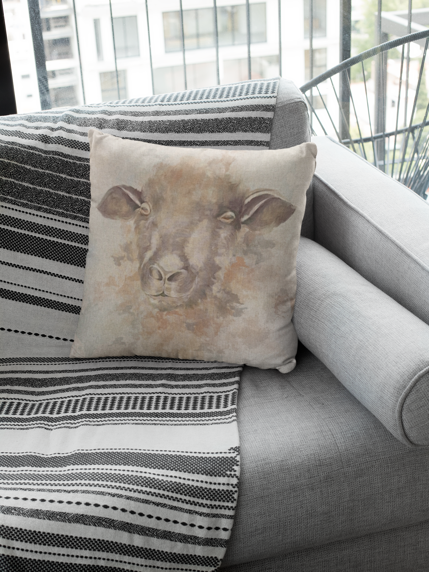 Cushion Panel - Happy Sheep Face - Linen Look Canvas