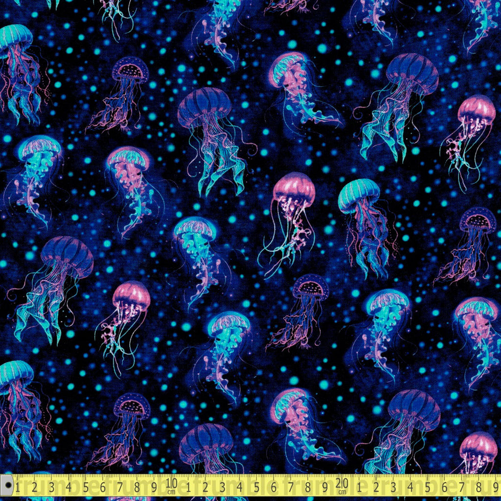 Timeless Treasures - Electric Ocean Bioluminescent Jellyfish - Midnight - Sewing and Dressmaking Fabric