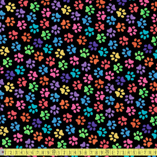 Timeless Treasures - Rainbow Paw Prints - Black - Sewing and Dressmaking Fabric