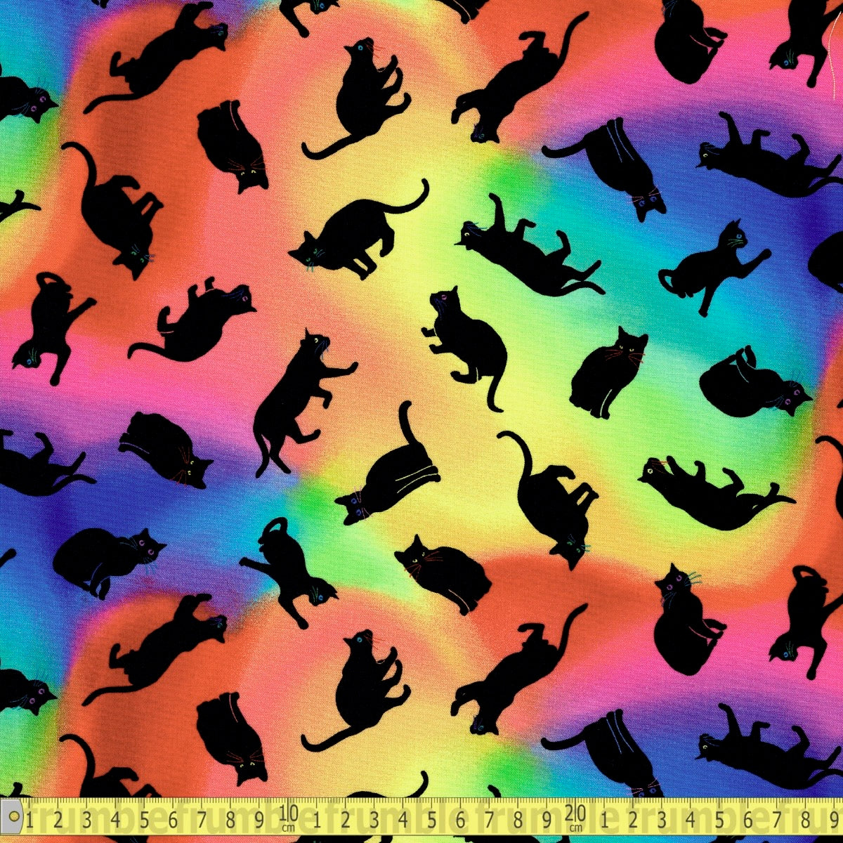 Timeless Treasures - Tossed Black Cats - Rainbow - Sewing and Dressmaking Fabric