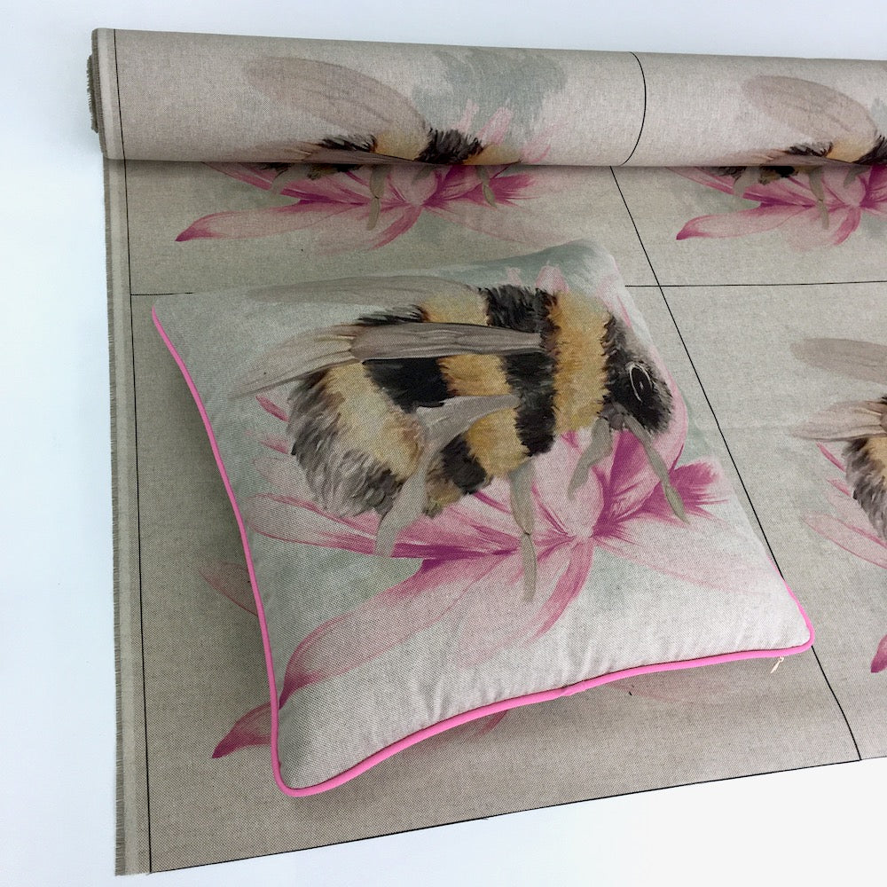 Floral Bee Cushion Panels Linen Look Half Panama Canvas Fabric - Frumble Fabrics