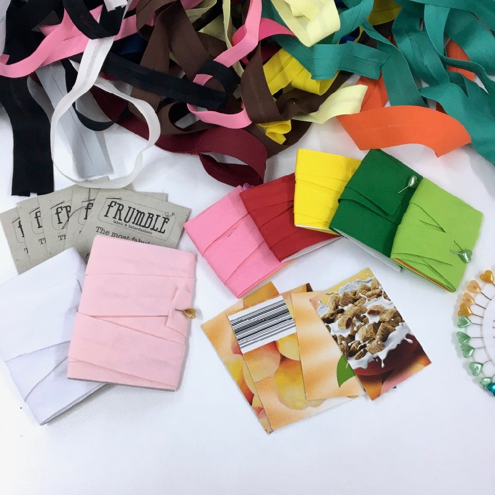 200g Bias Binding Remnant Pack various colours, widths folds and lengths +cards+pins - Frumble Fabrics