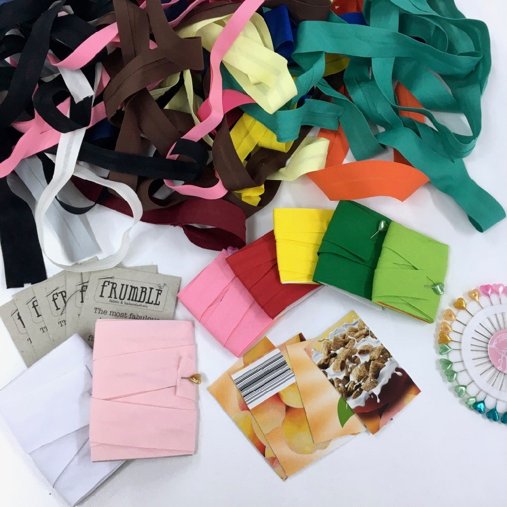200g Bias Binding Remnant Pack various colours, widths folds and lengths +cards+pins - Frumble Fabrics