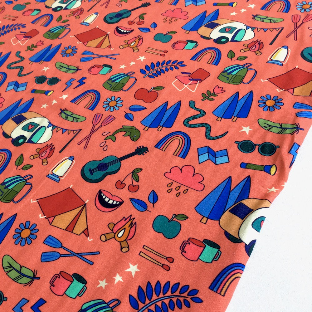 Happy Camping Panel Printed Jersey Coral - Frumble Fabrics