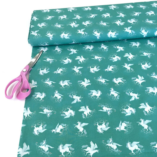 Mythical Tossed Unicorns Billiard Green - Frumble Fabrics