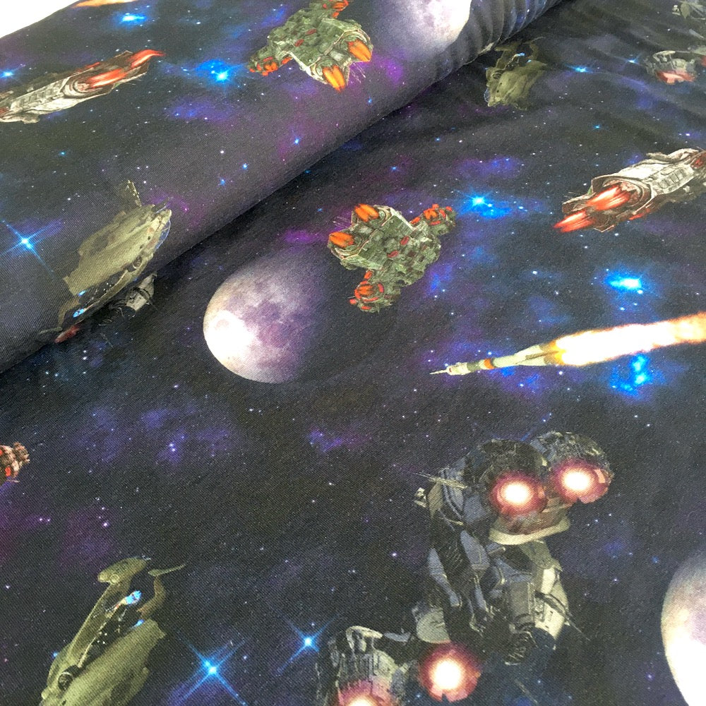 Spaceships Wars Digital Printed Jersey in Navy - Frumble Fabrics
