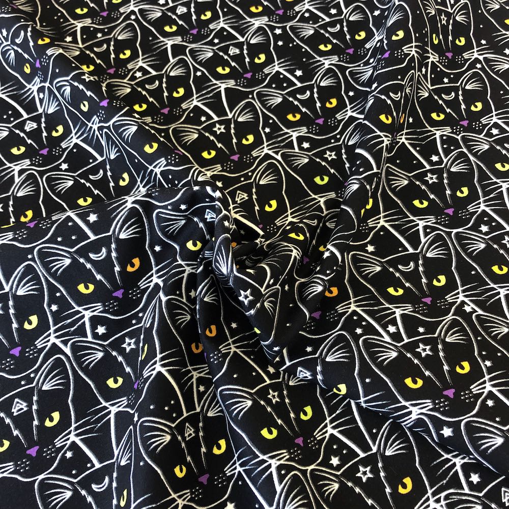 Glow In The Dark Star And Moon Cats Black - Frumble Fabrics