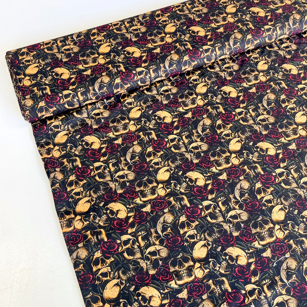 Remnant of Packed Skulls and Roses - Cotton Poplin - Tea Black (123cm)
