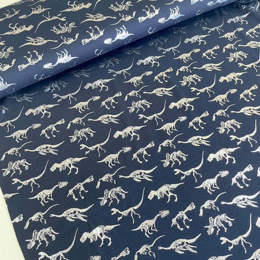 Silver Dinosaur Skeletons - Metallic Foil Jersey - Navy