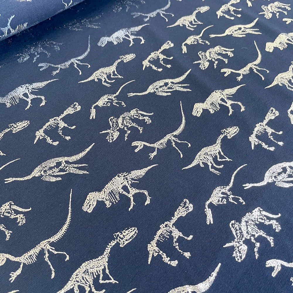 Silver Dinosaur Skeletons - Metallic Foil Jersey - Navy