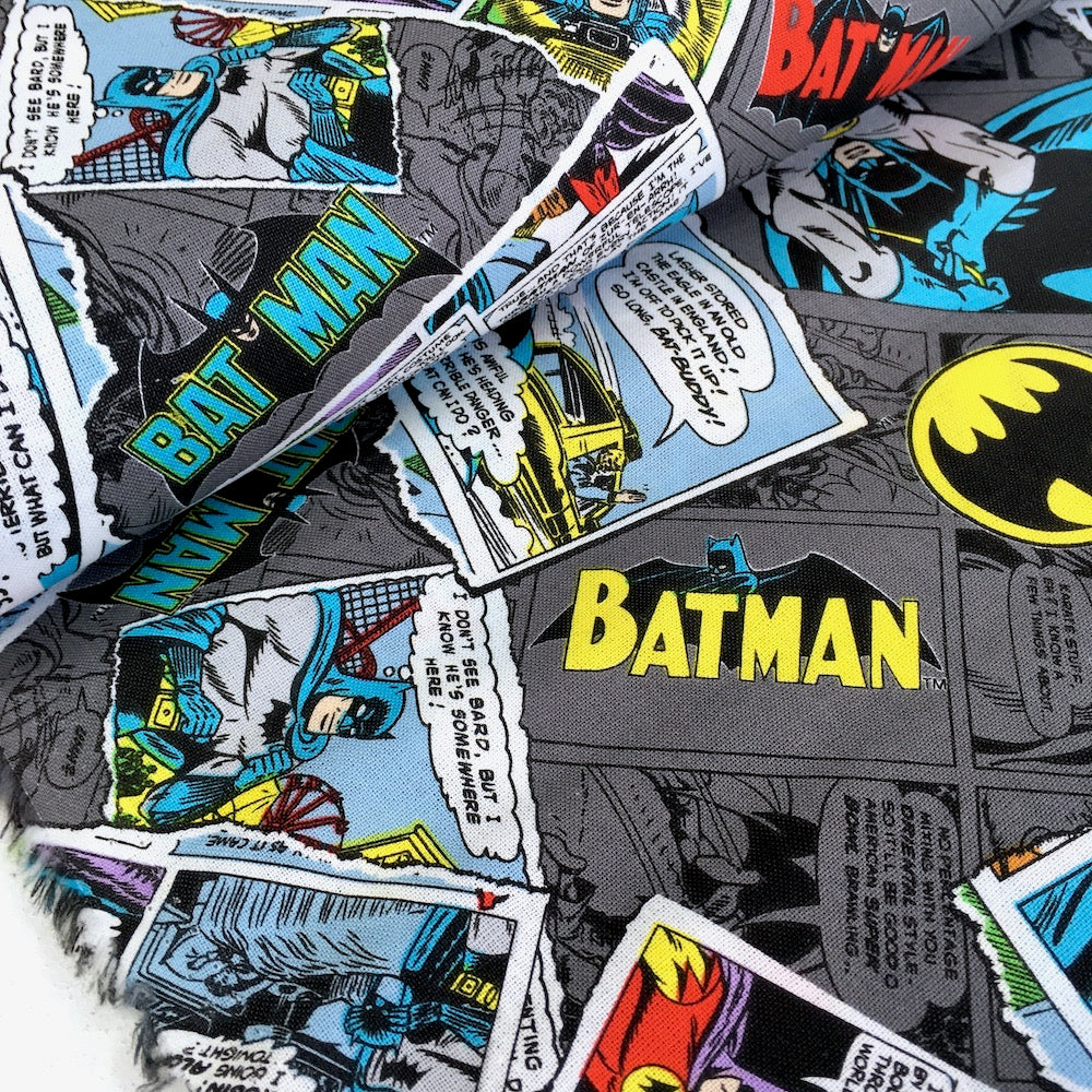 Quilting Cotton - DC Heroes & Heroines - Batman Comic Collage Grey (Per Metre)