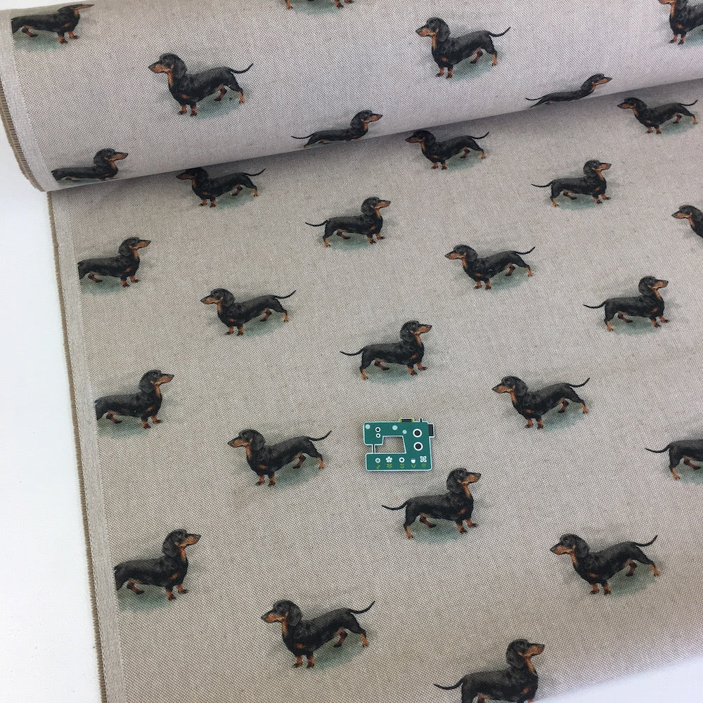 Daschund Dog All Over Linen Look Half Panama Canvas Fabric - Frumble Fabrics UK