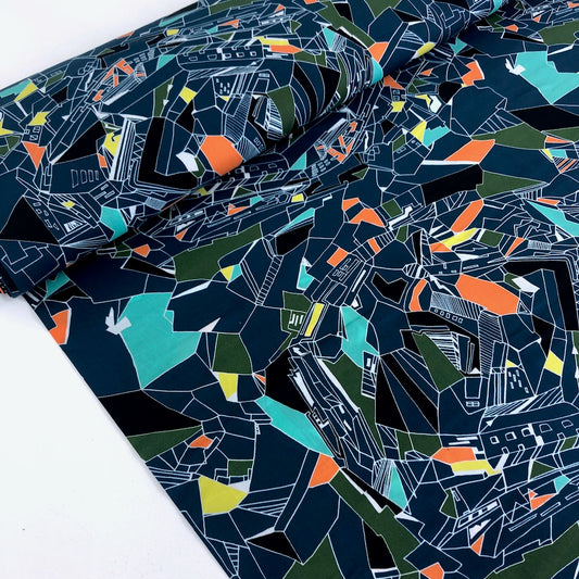 Lady McElroy - Cotton Lawn Fabric - Retro Cityscape Navy