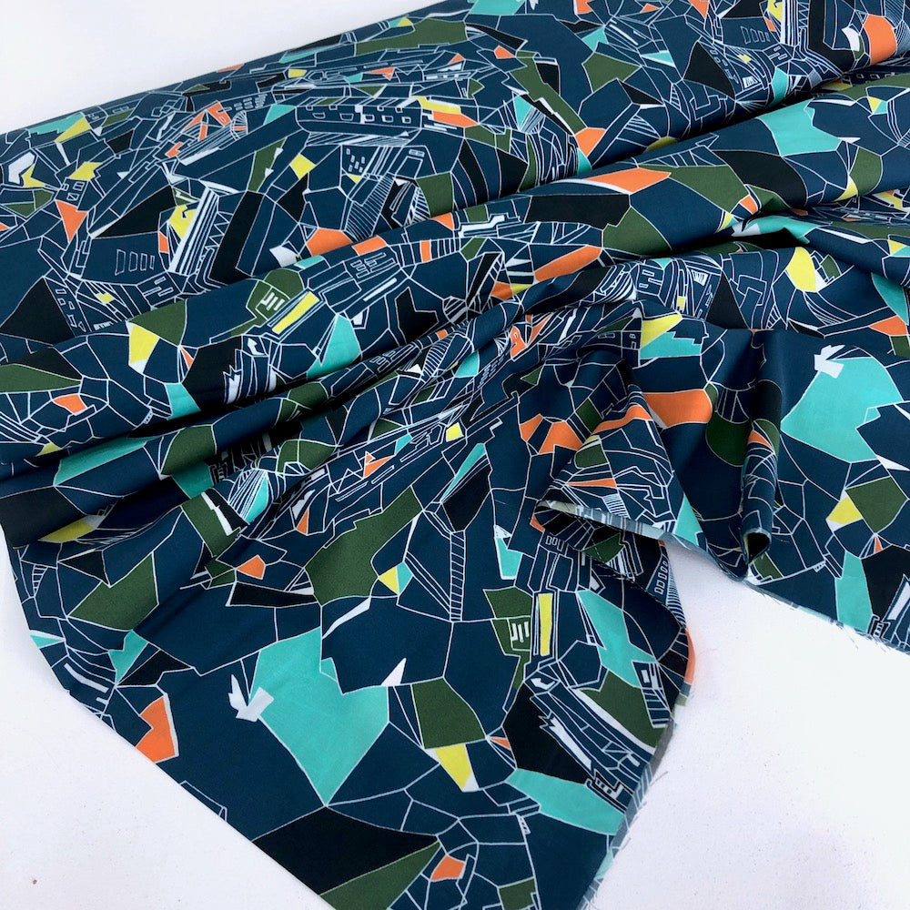 Lady McElroy - Cotton Lawn Fabric - Retro Cityscape Navy