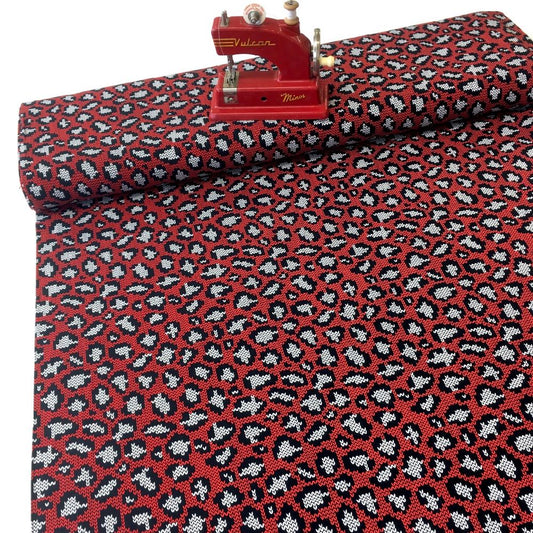 Knit and Purl Leopard Spots Red Jersey Print - Frumble Fabrics