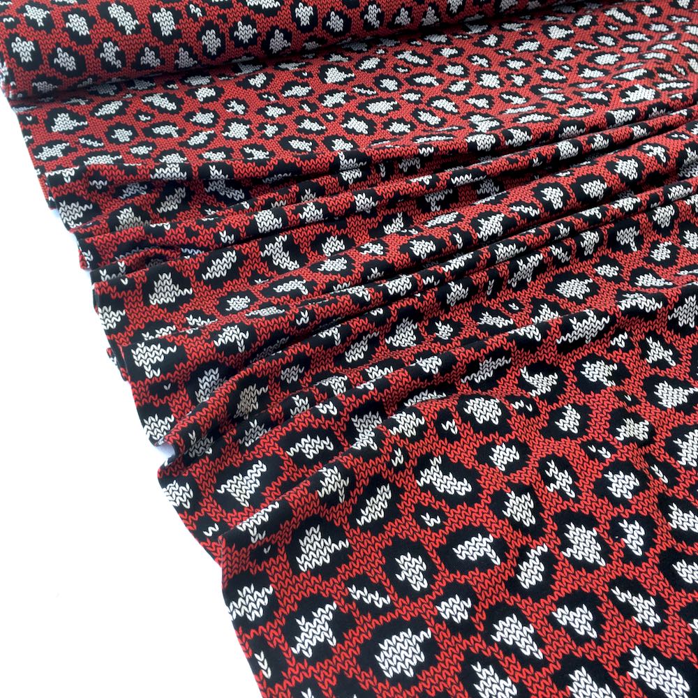 Knit and Purl Leopard Spots Red Jersey Print - Frumble Fabrics