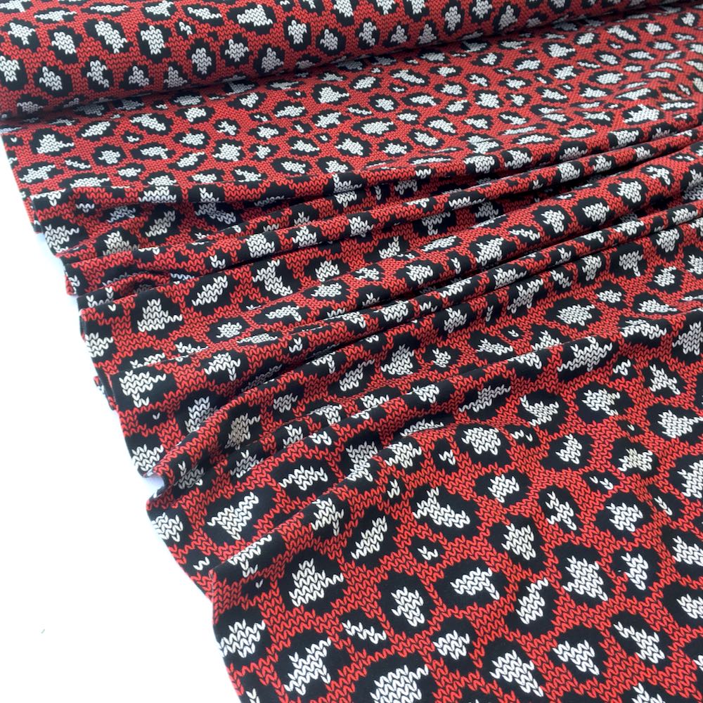 Knit and Purl Leopard Spots Red Jersey Print - Frumble Fabrics
