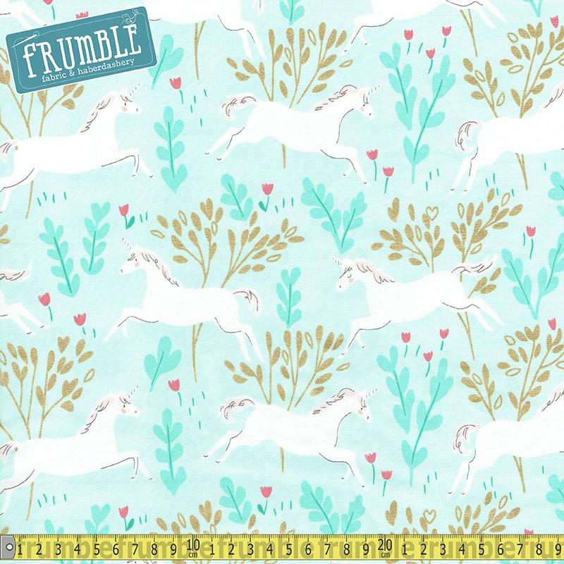 Magic Unicorn Forest Aqua Metallic - Frumble Fabrics