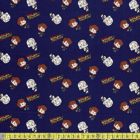 Back To The Future Chibi Marty Doc - Korean Woven Fabric - Navy Sewing and Dressmaking Fabric