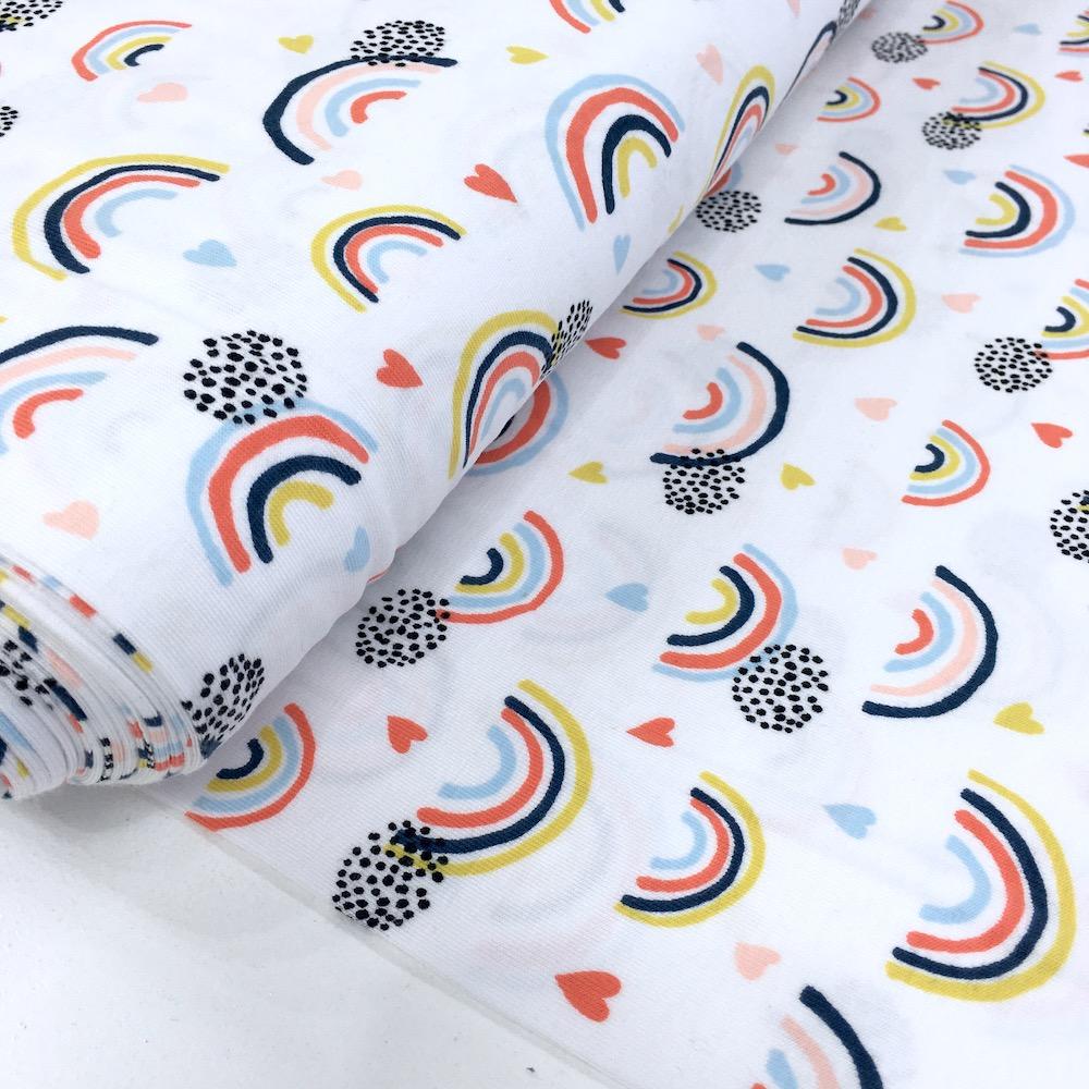 Organic Rainbows And Hearts Printed Jersey White Fabric by Oeko