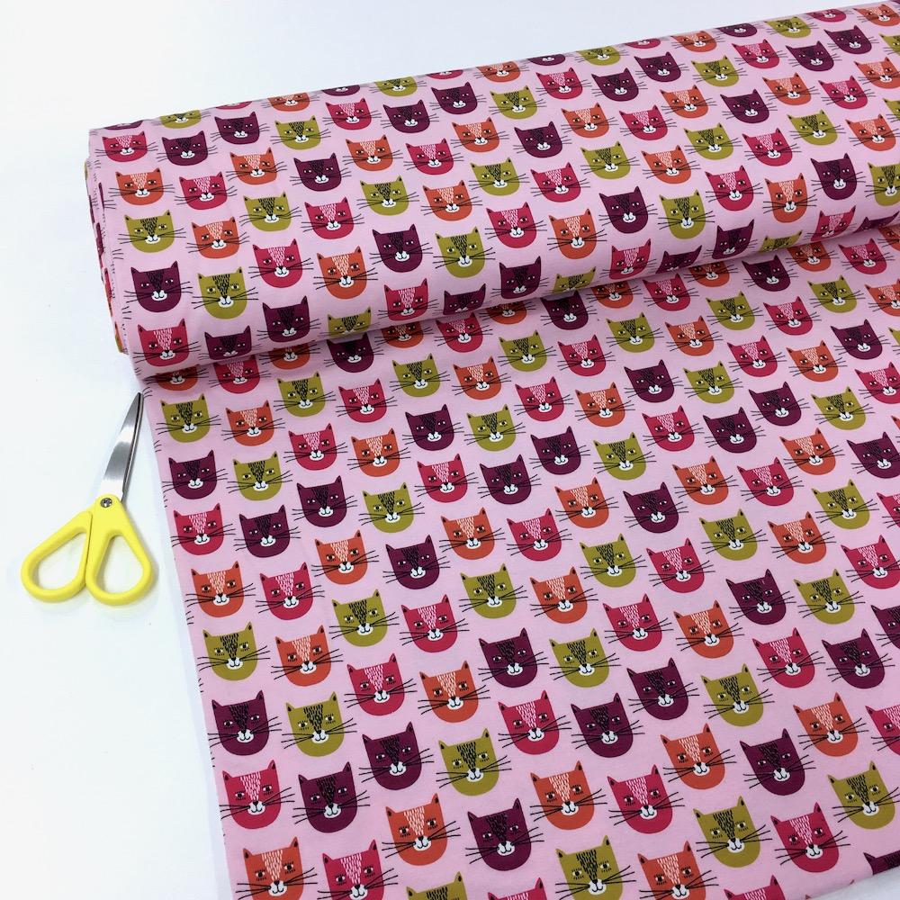 Smiley Cats Printed French Terry in Pink - Frumble Fabrics