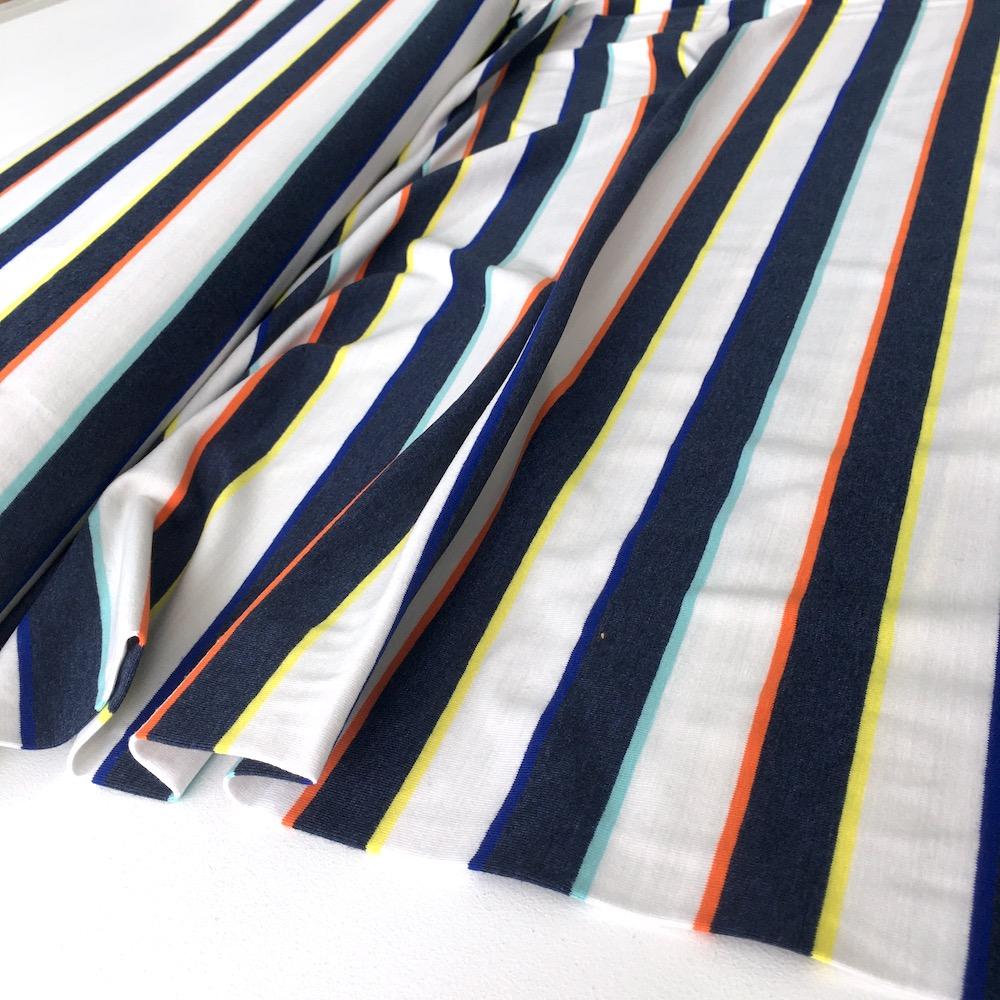 Yarn Dyed Stripes Jersey in Rainbow Navy Fabric by Oekotex Knit Frumble Fabrics
